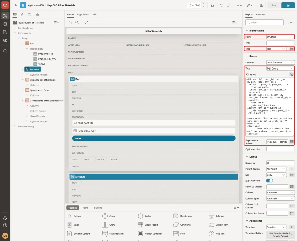 Region Structure with Name, Type Tree, Source Type SQL Query, the query and Page Items to Submit marked with red boxes