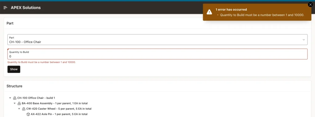 Error Quantity to Build must be a number between 1 and 10000 shown in the notification and below the field