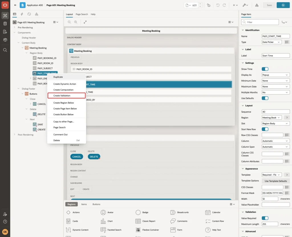 Page Designer context menu of P601_START_TIME with Create Validation marked with a red box
