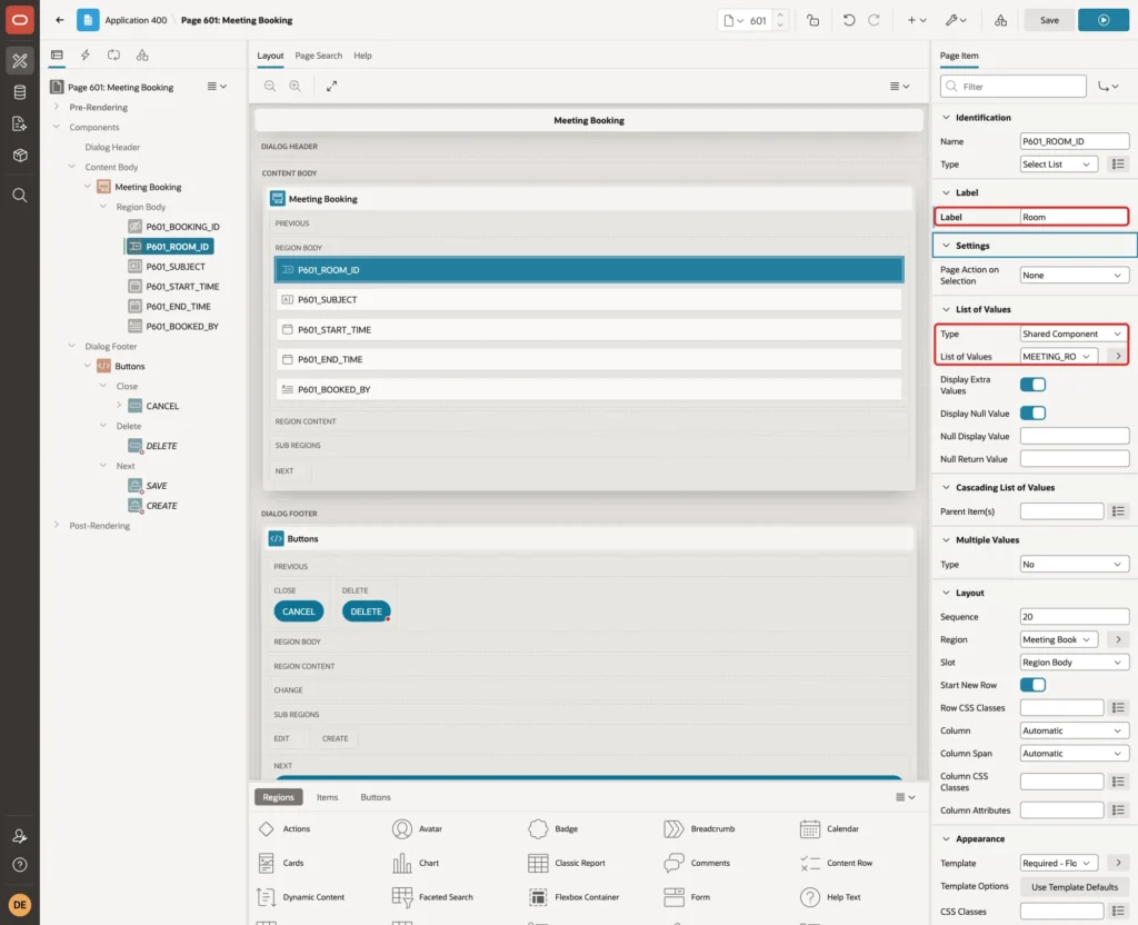 P601_ROOM_ID with Label Room and the List of Values Type Shared Component and MEETING_ROOMS.ROOM_NAME marked with red boxes
