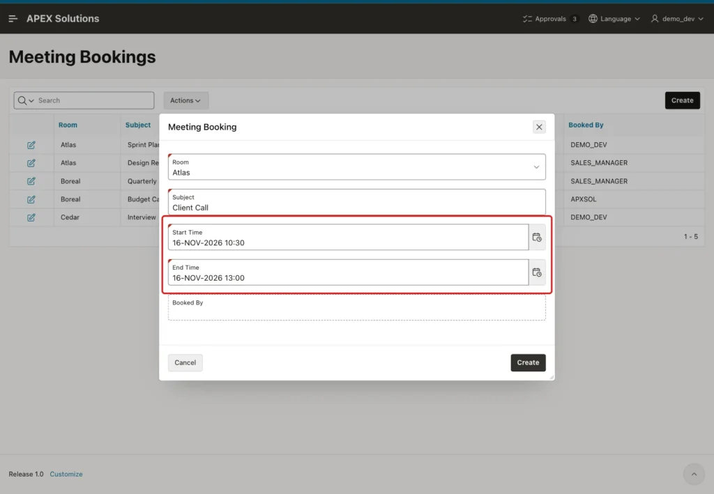 Meeting Booking dialog with Start Time 16-NOV-2026 10:30 and End Time 16-NOV-2026 13:00 marked with a red box
