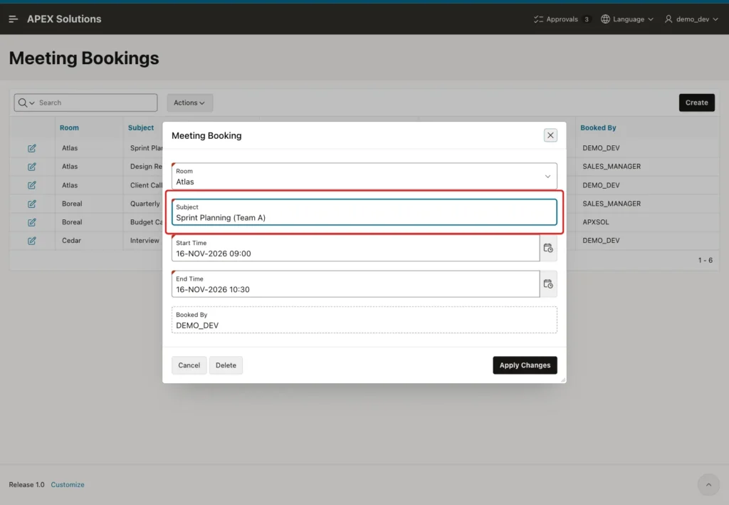 Meeting Booking dialog for Sprint Planning with Subject Sprint Planning (Team A) marked with a red box and Booked By DEMO_DEV