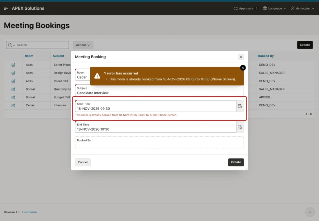 Meeting Booking dialog with the error This room is already booked from 18-NOV-2026 09:00 to 10:00 (Phone Screen) below Start Time, marked with a red box