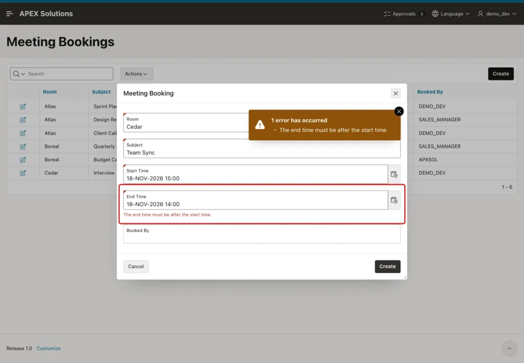 Meeting Booking dialog with the error The end time must be after the start time below End Time, marked with a red box