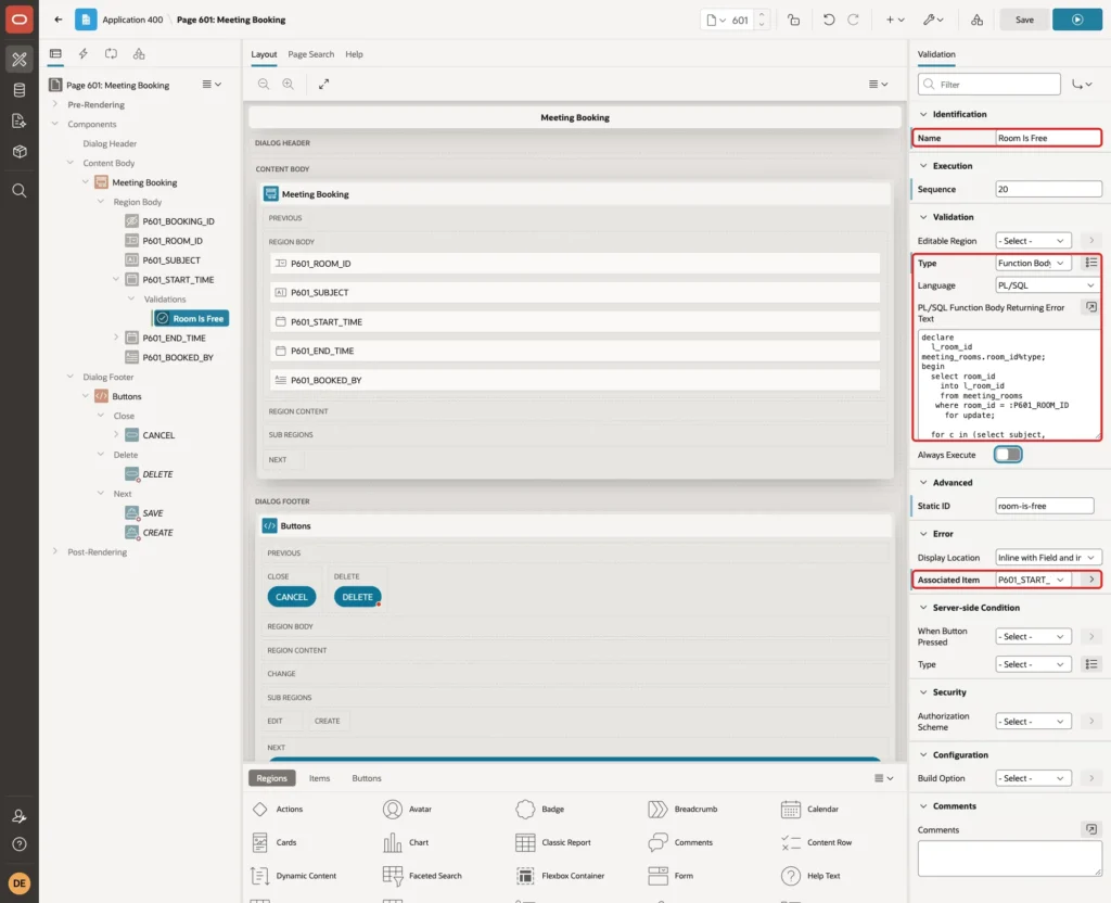 Validation Room Is Free with Name, Type Function Body returning Error Text, Language PL/SQL, the function body and Associated Item P601_START_TIME marked with red boxes