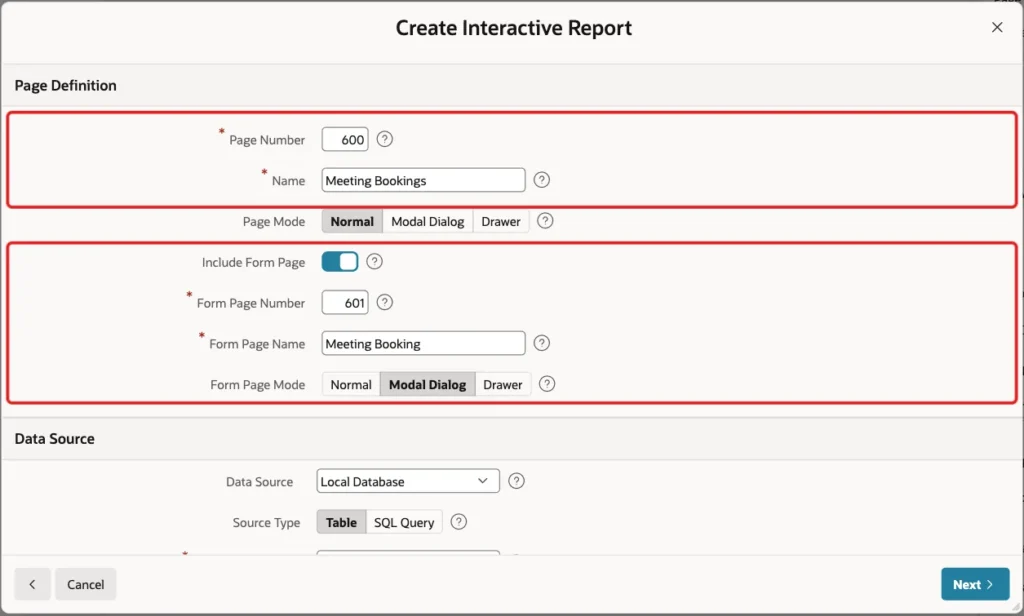 Create Interactive Report wizard with page 600 Meeting Bookings and form page 601 Meeting Booking marked with red boxes