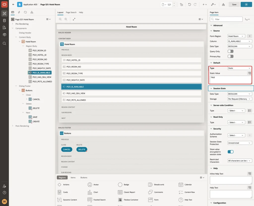 Default Type Static and Static Value TRUE of P521_IS_AVAILABLE marked with a red box