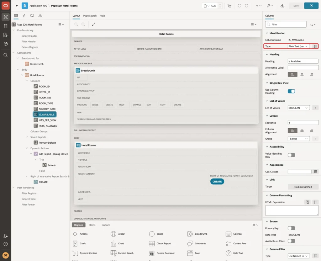 Interactive report column IS_AVAILABLE with Type Plain Text (based on List of Values) marked with a red box