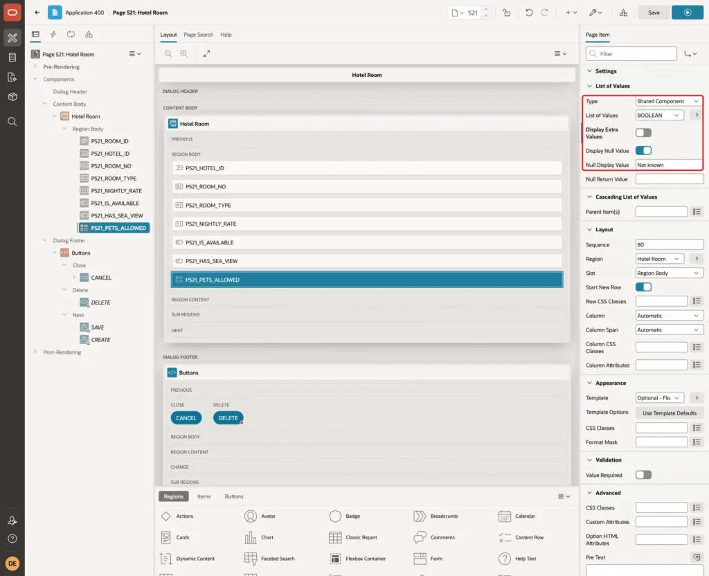 List of Values group with Type Shared Component, List of Values BOOLEAN, Display Extra Values off, Display Null Value on and Null Display Value Not known marked with red boxes