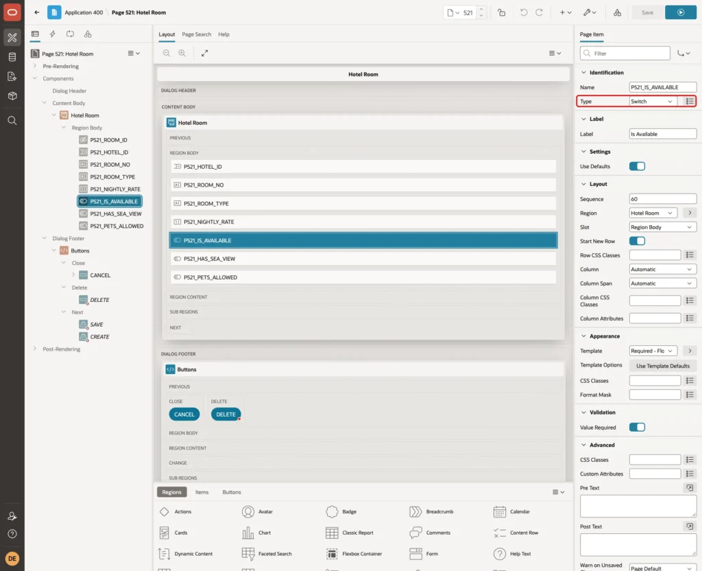 Page Designer with P521_IS_AVAILABLE selected and its Type Switch marked with a red box