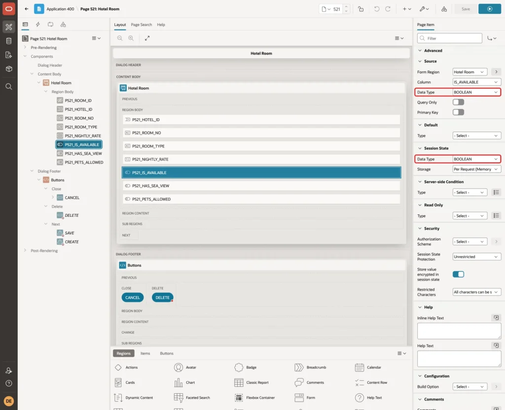 Source Data Type BOOLEAN and Session State Data Type BOOLEAN of P521_IS_AVAILABLE marked with red boxes