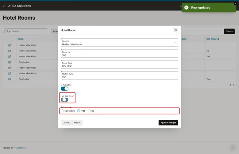 Hotel Room dialog for room 103 with Has Sea View On and Pets Allowed Yes marked with red boxes