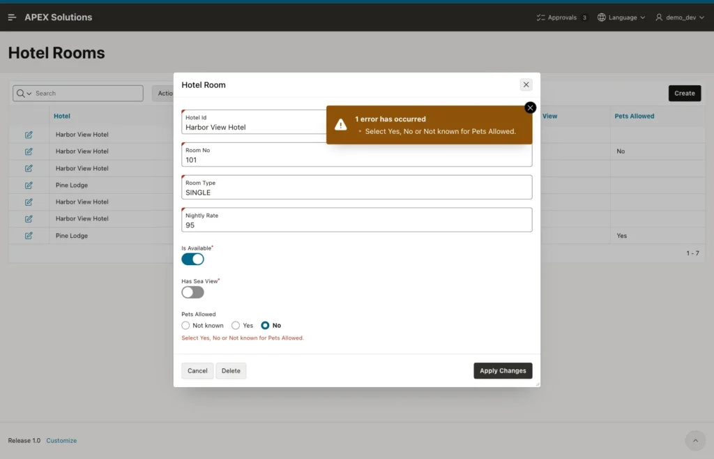 Hotel Room dialog with the error Select Yes, No or Not known for Pets Allowed