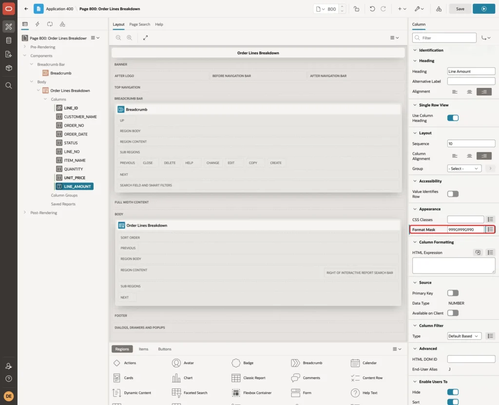 LINE_AMOUNT column in Page Designer with Format Mask 999G999G990 marked with a red box