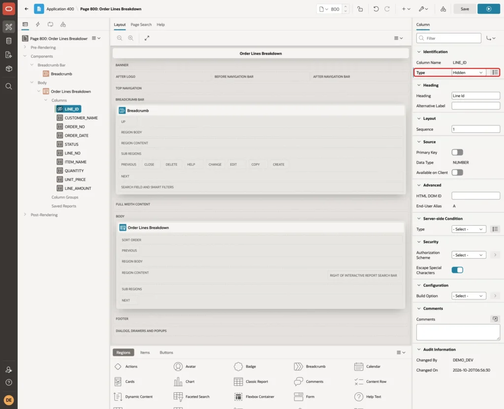 LINE_ID column in Page Designer with Type Hidden marked with a red box