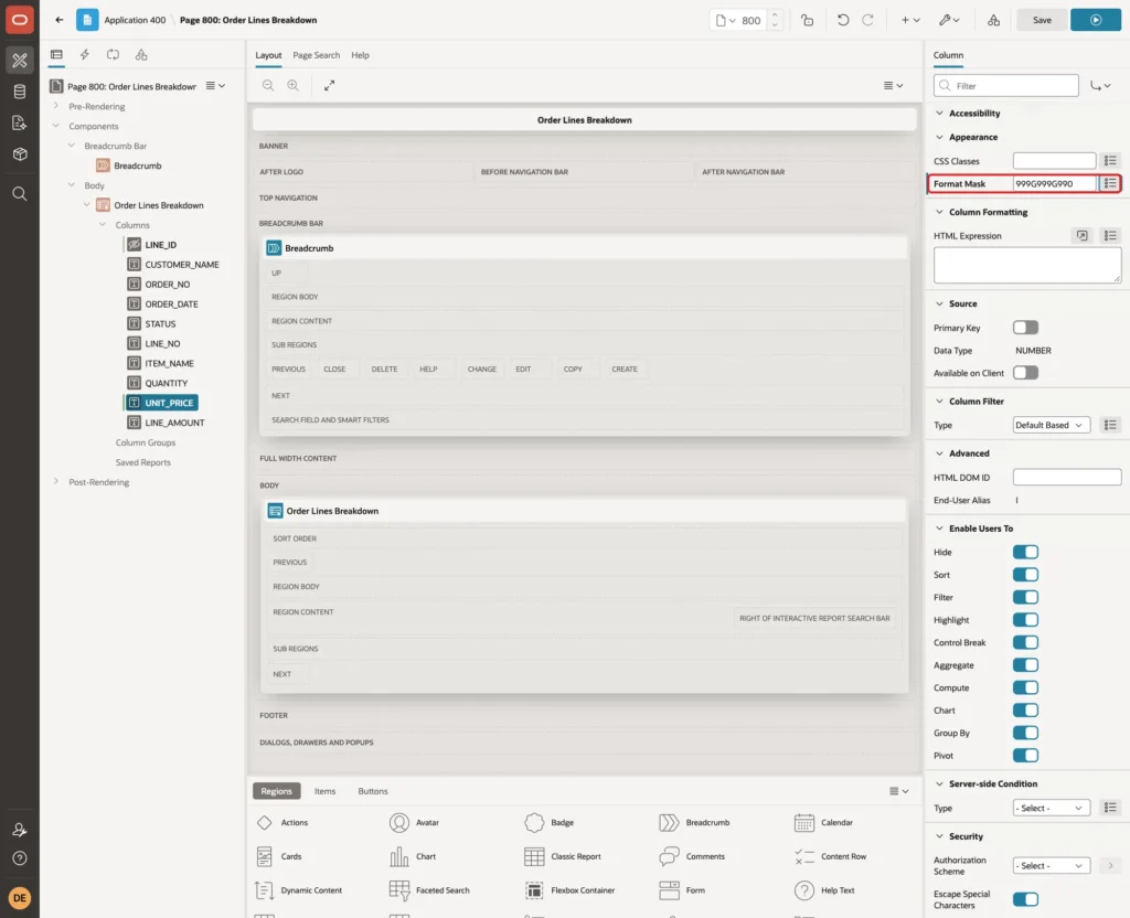 UNIT_PRICE column in Page Designer with Format Mask 999G999G990 marked with a red box
