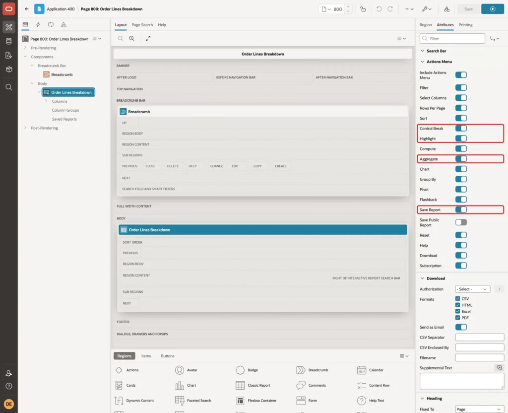 Attributes tab of the Order Lines Breakdown region with the Control Break, Highlight, Aggregate and Save Report switches marked with red boxes