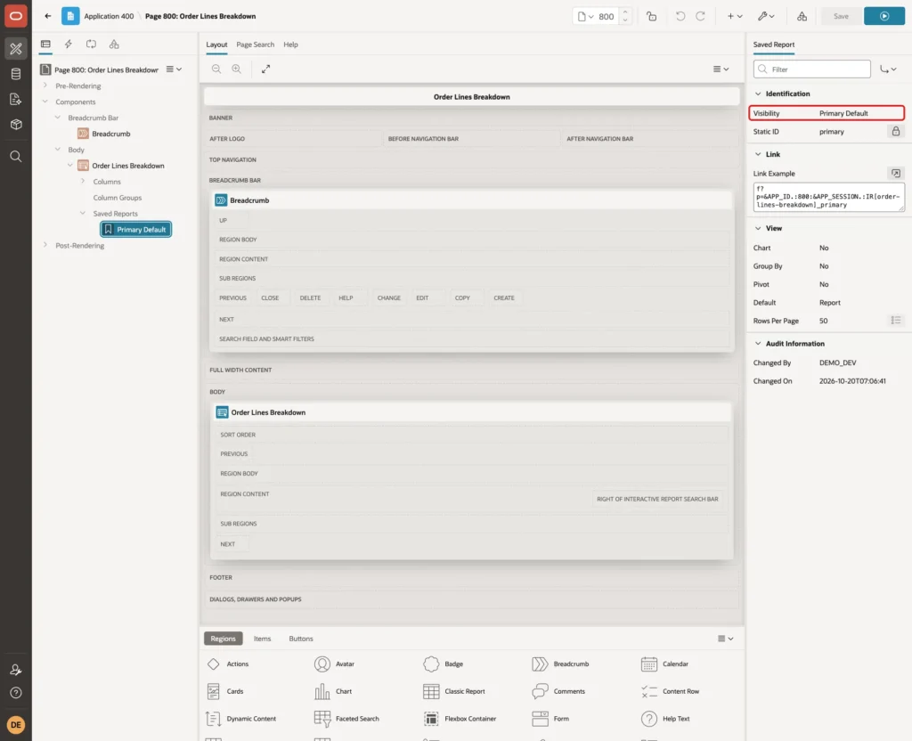 Page Designer with the Primary Default saved report selected and Visibility Primary Default marked with a red box