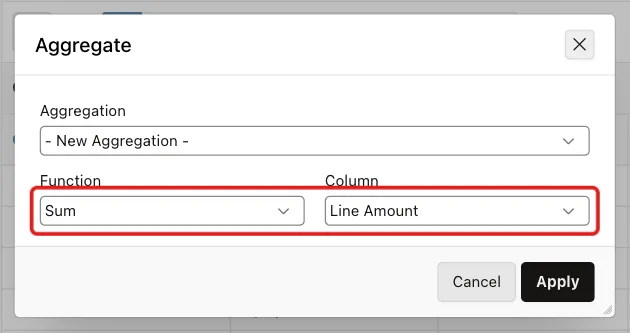 Aggregate dialog with Function Sum and Column Line Amount marked with a red box