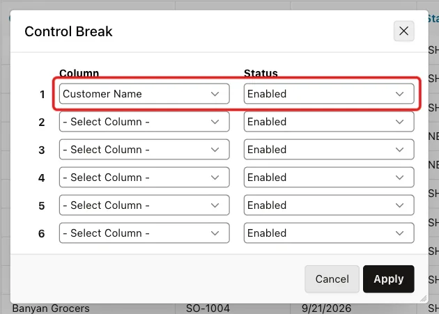 Control Break dialog with Column 1 Customer Name and Status Enabled marked with a red box