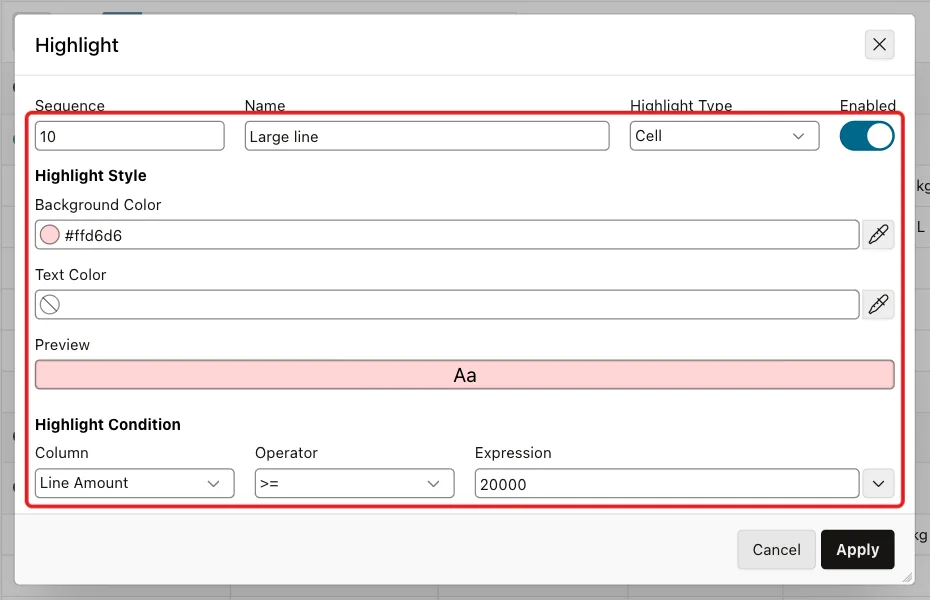 Highlight dialog with Name Large line, Highlight Type Cell, Background Color #ffd6d6 and the condition Line Amount greater than or equal to 20000 marked with a red box
