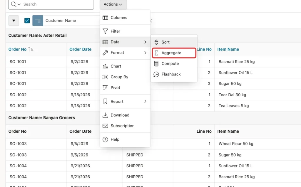 Actions menu with Data open and Aggregate marked with a red box