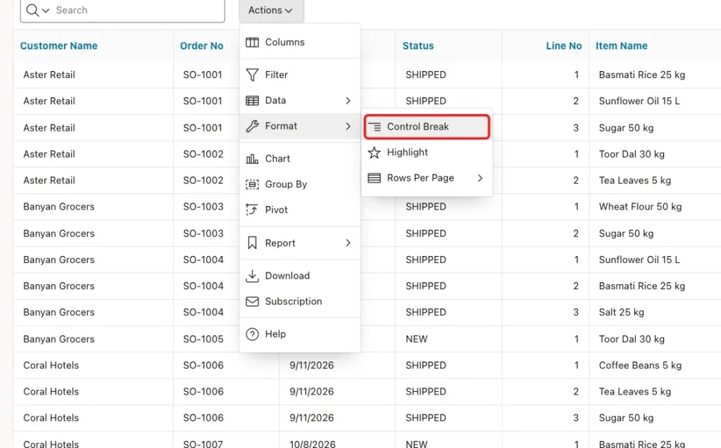 Actions menu with Format open and Control Break marked with a red box