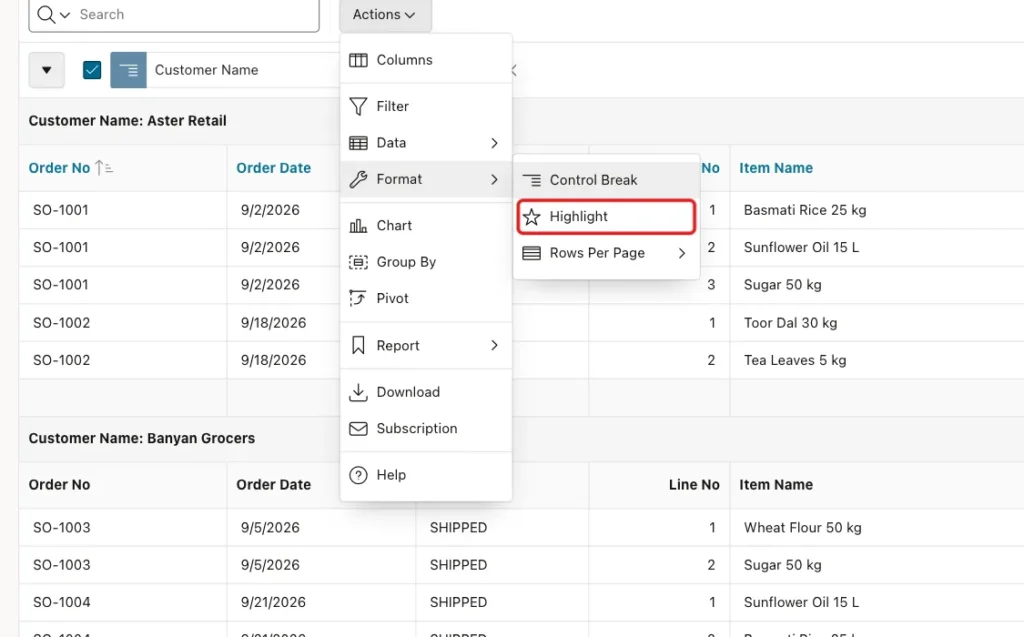 Actions menu with Format open and Highlight marked with a red box