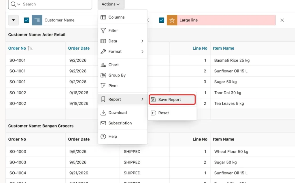 Actions menu with Report open and Save Report marked with a red box