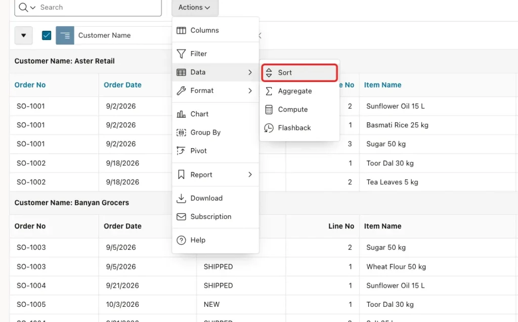 Actions menu with Data open and Sort marked with a red box