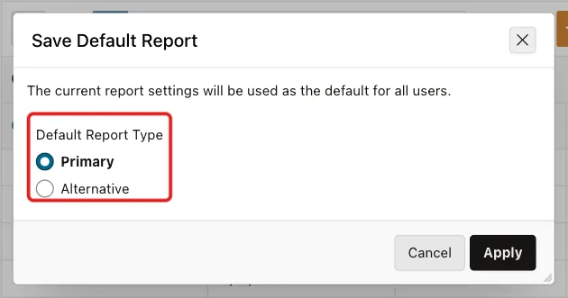 Save Default Report dialog with Default Report Type Primary selected and marked with a red box