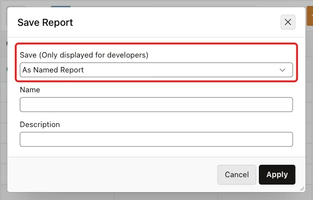 Save Report dialog with the Save list for developers marked with a red box