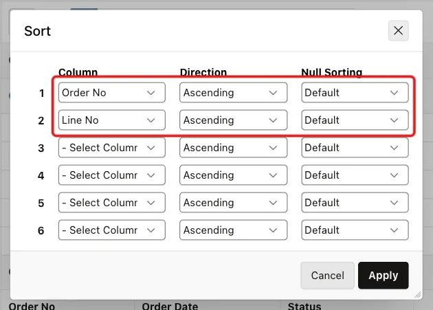 Sort dialog with Order No ascending and Line No ascending marked with a red box