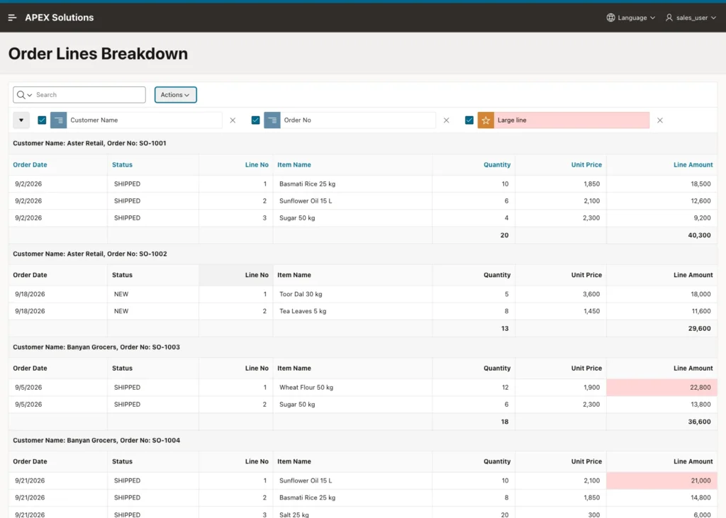 Report with one section per customer and order, each ending with its own subtotal