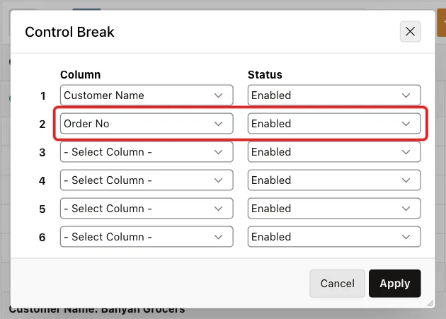 Control Break dialog with Column 1 Customer Name and Column 2 Order No, the second row marked with a red box