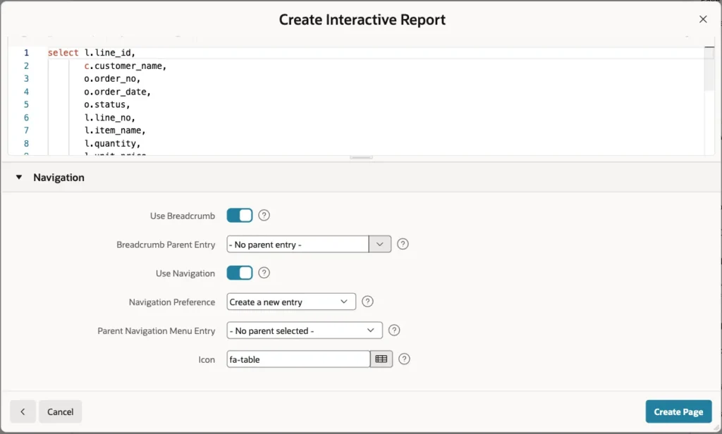 Navigation section with Use Breadcrumb on, Use Navigation on, Create a new entry and Icon fa-table