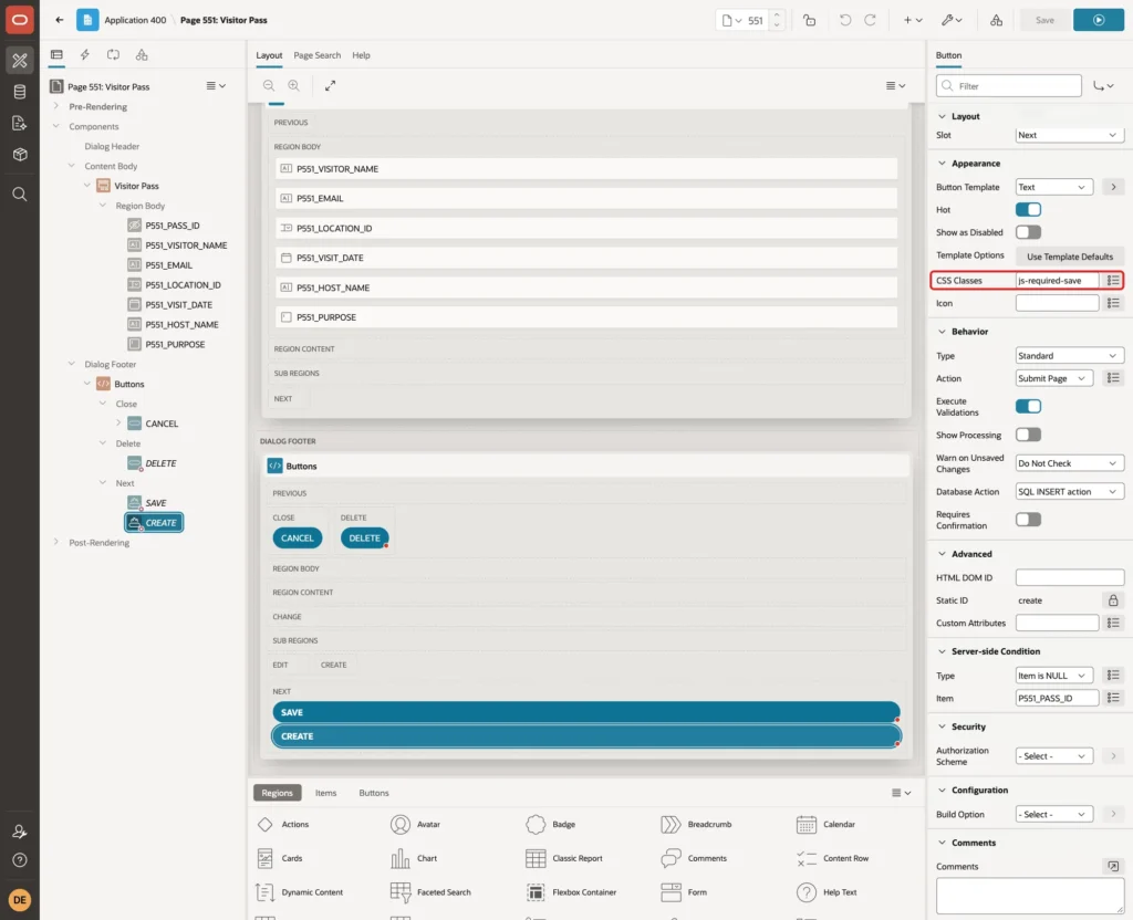 Property Editor of the CREATE button with CSS Classes js-required-save marked with a red box