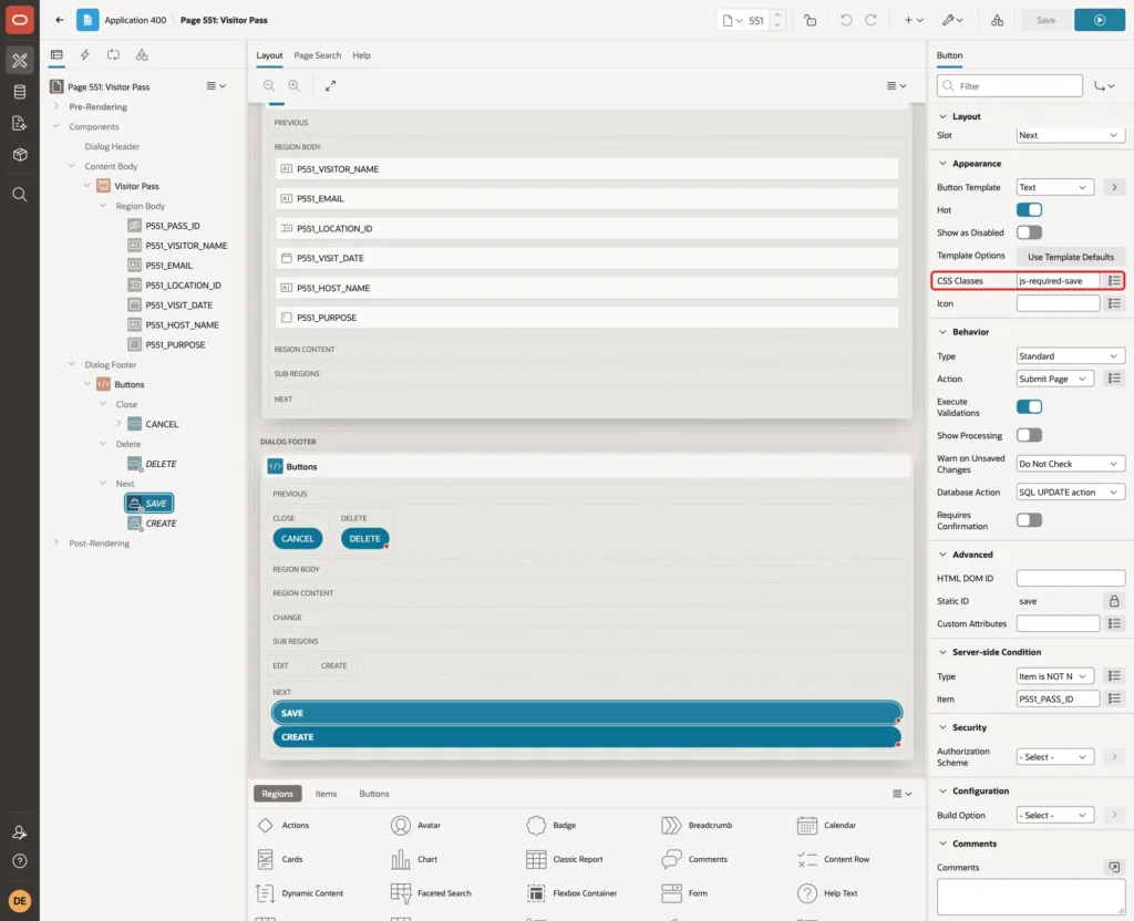 Property Editor of the SAVE button with CSS Classes js-required-save marked with a red box