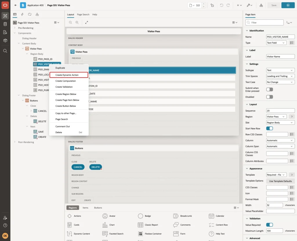 Page Designer context menu of P551_VISITOR_NAME with Create Dynamic Action marked with a red box