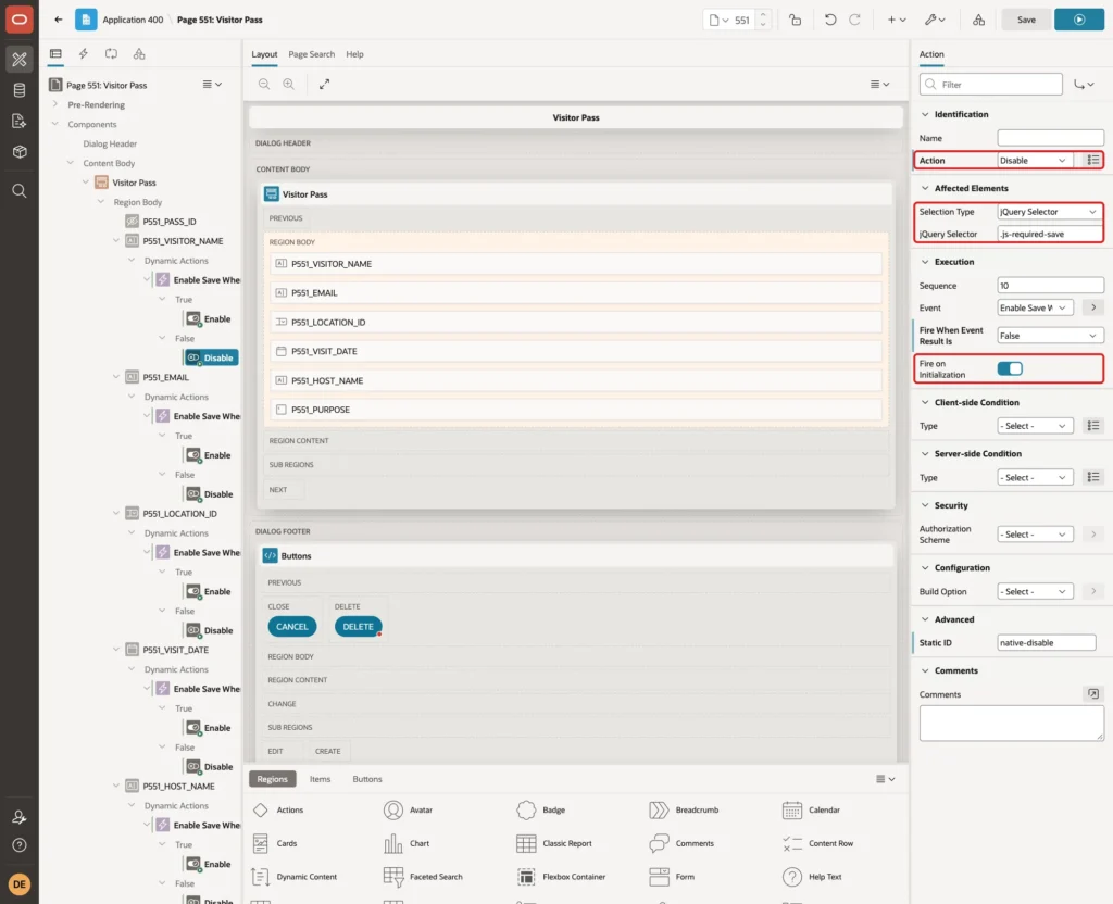 False action with Action Disable, jQuery Selector .js-required-save and Fire on Initialization marked with red boxes