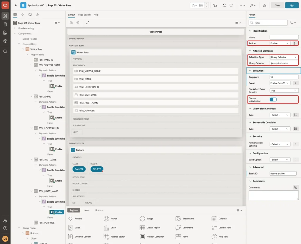 True action with Action Enable, Selection Type jQuery Selector, jQuery Selector .js-required-save and Fire on Initialization marked with red boxes