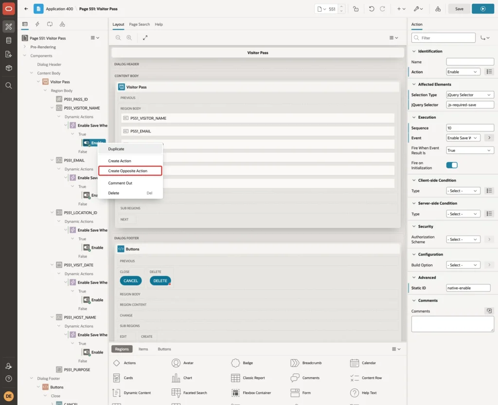 Context menu of the Enable action with Create Opposite Action marked with a red box