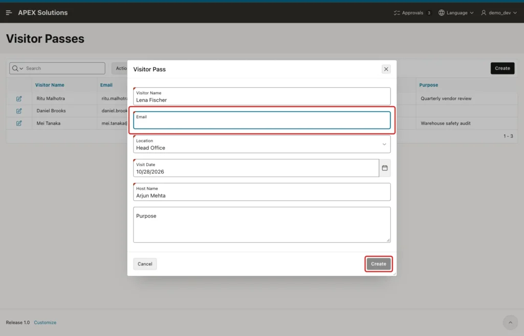 Visitor Pass dialog with the cleared Email field and the disabled Create button marked with red boxes