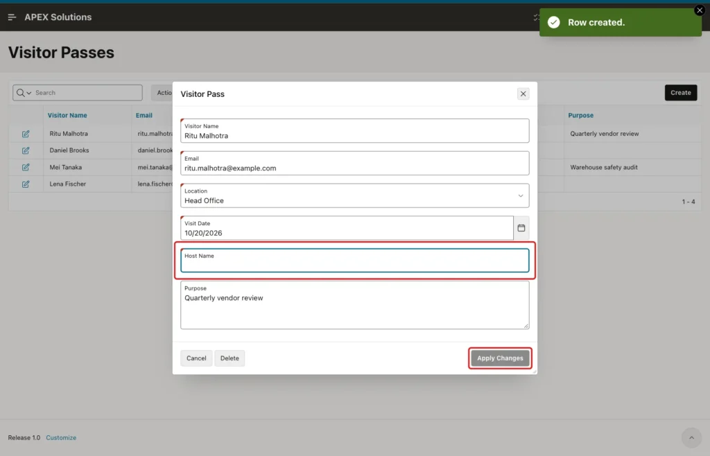 Edit dialog of a visitor pass with the cleared Host Name field and the disabled Apply Changes button marked with red boxes