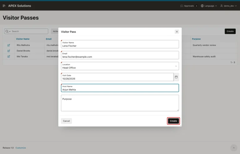 Visitor Pass dialog with all required fields filled and the enabled Create button marked with a red box