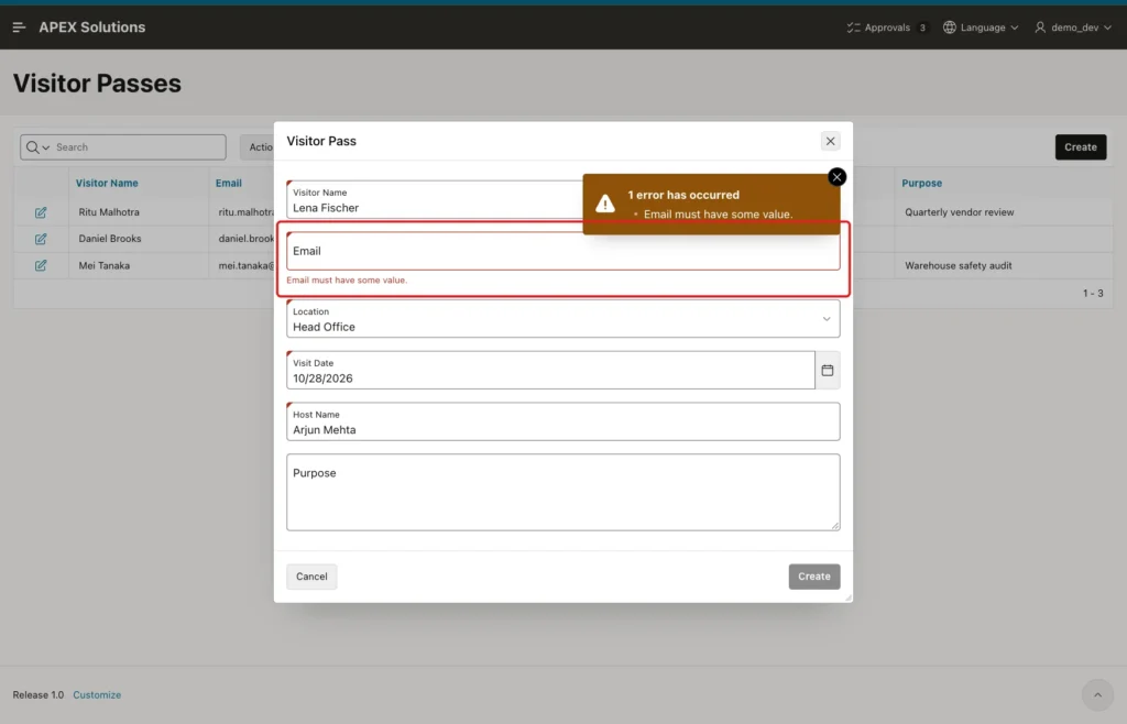 Visitor Pass dialog with the error Email must have some value. below the Email field, marked with a red box