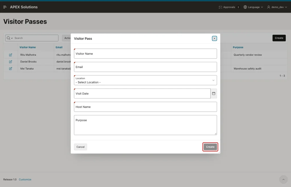Empty Visitor Pass dialog with the disabled Create button marked with a red box