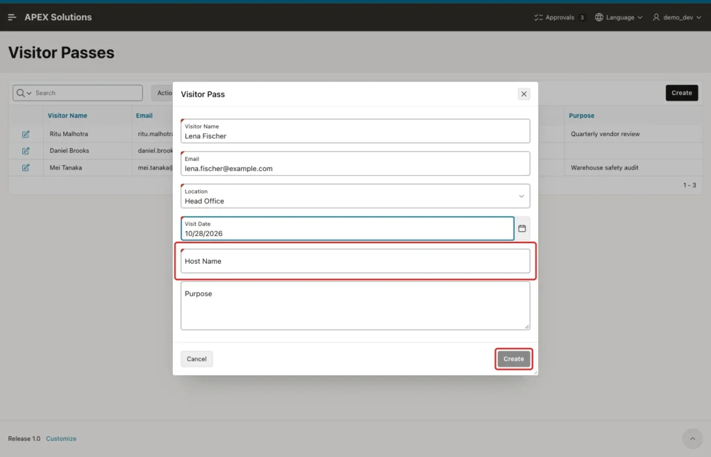 Visitor Pass dialog with an empty Host Name and the still disabled Create button, both marked with red boxes