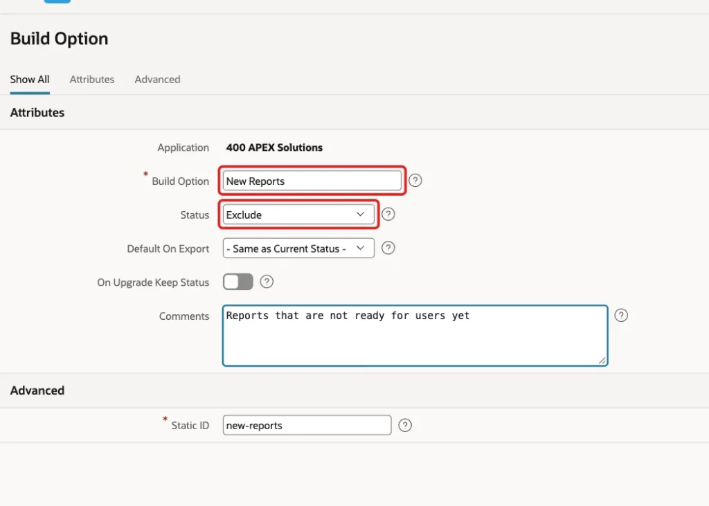 Build Option page with the name New Reports and Status Exclude marked with red boxes