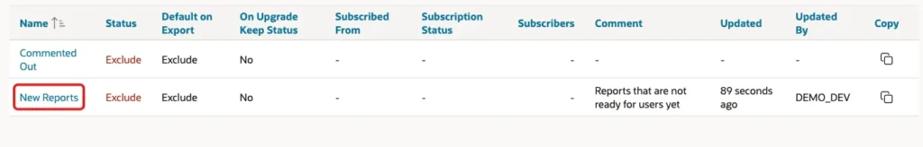 Build Options list with the New Reports row and the status Exclude, the name marked with a red box